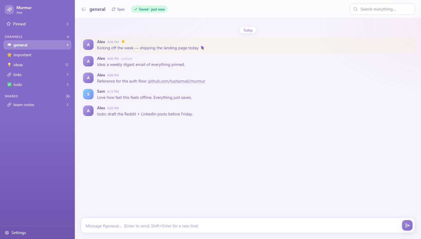 The Murmur interface — channels, messages grouped by date, pin and search